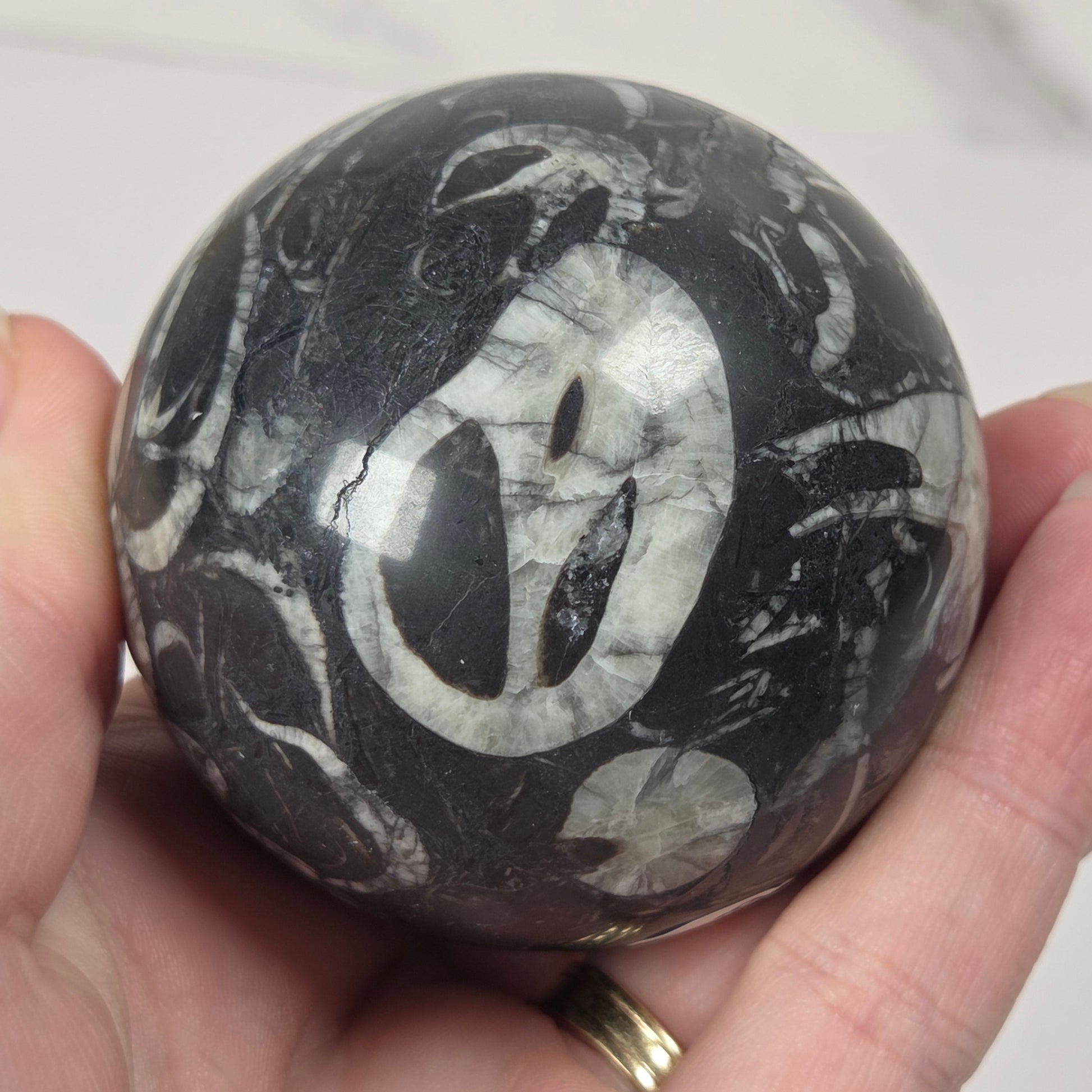A hand holding a polished black and white marbled stone sphere, showing a white circular inlay pattern on a dark background.