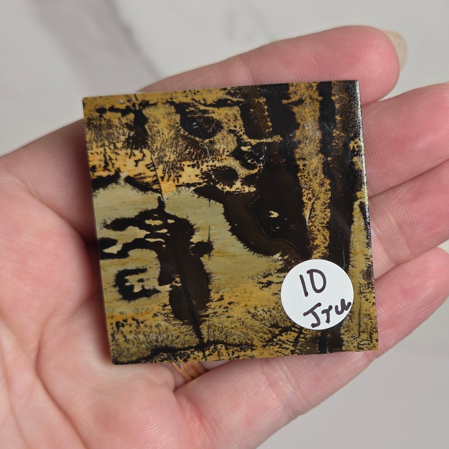 A hand holding a small square art print or tile featuring an abstract black and gold textured design, with a white circular sticker that reads '1D True'.