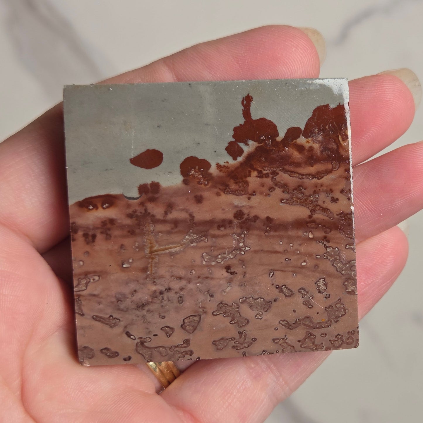 A hand holding a square polished stone tile with a natural marbled pattern in gray, brown, and rust-red tones, set against a light marble-patterned background.