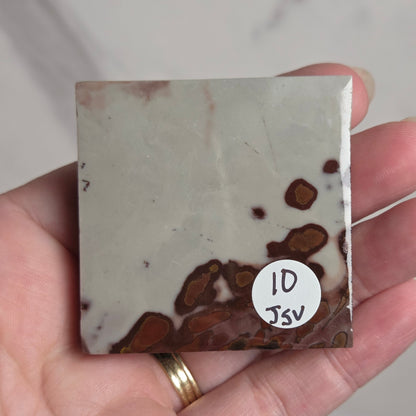 A hand holding a square polished stone slab with a light gray to off-white base and scattered dark reddish-brown inclusions, featuring a small white circular sticker that reads 'ID Jsv'.