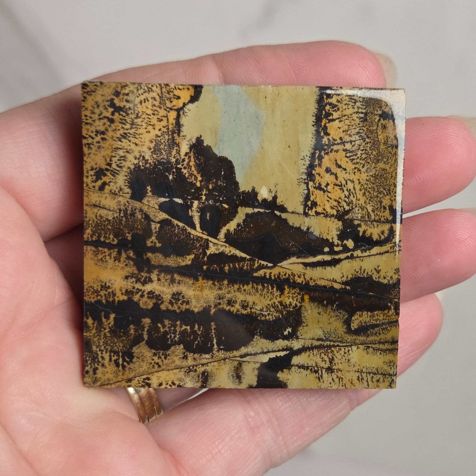 A hand holding a small square card or print featuring a landscape artwork in black, gold, and beige tones, with a light marble-like background behind it.
