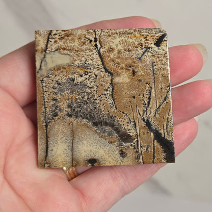 A hand holding a square stone or tile with an abstract marbled pattern in beige, brown, gray, and black, against a light marble-patterned background.