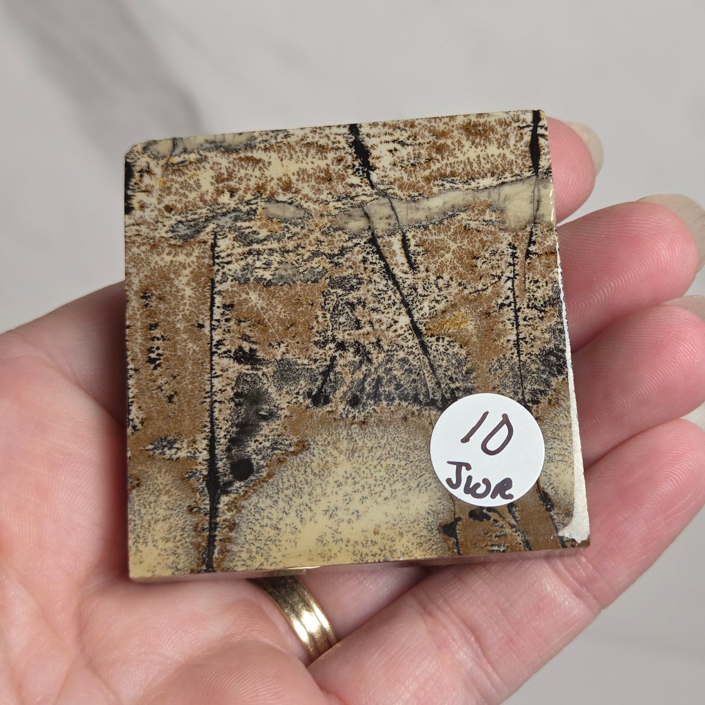 A hand holding a small square sample of natural stone or jasper with a mottled tan, brown, cream, and black marbled pattern. A small white sticker on the sample reads '10 Jue'.