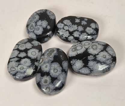 Five polished black stone cabochons with white coral-like floral patterns, arranged on a light beige background.