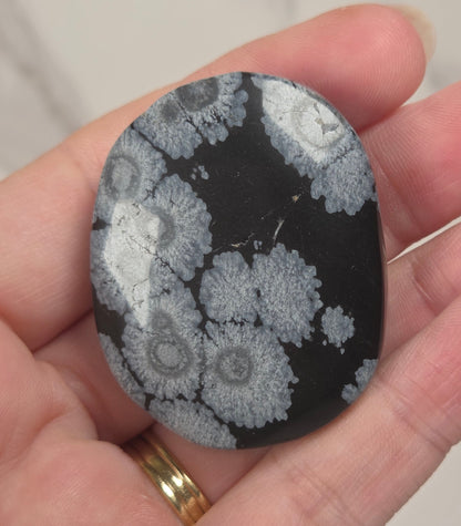 A hand holding a polished black stone with intricate light gray and white coral-like concentric patterns, set against a light marble background.