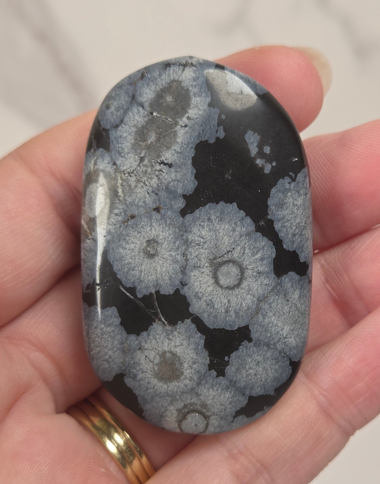A hand holding a polished oval stone with a black and gray coral-like pattern, set against a light marble background.