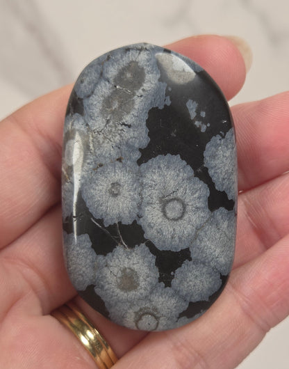 A hand holding a polished oval stone with a black and gray coral-like pattern, set against a light marble background.