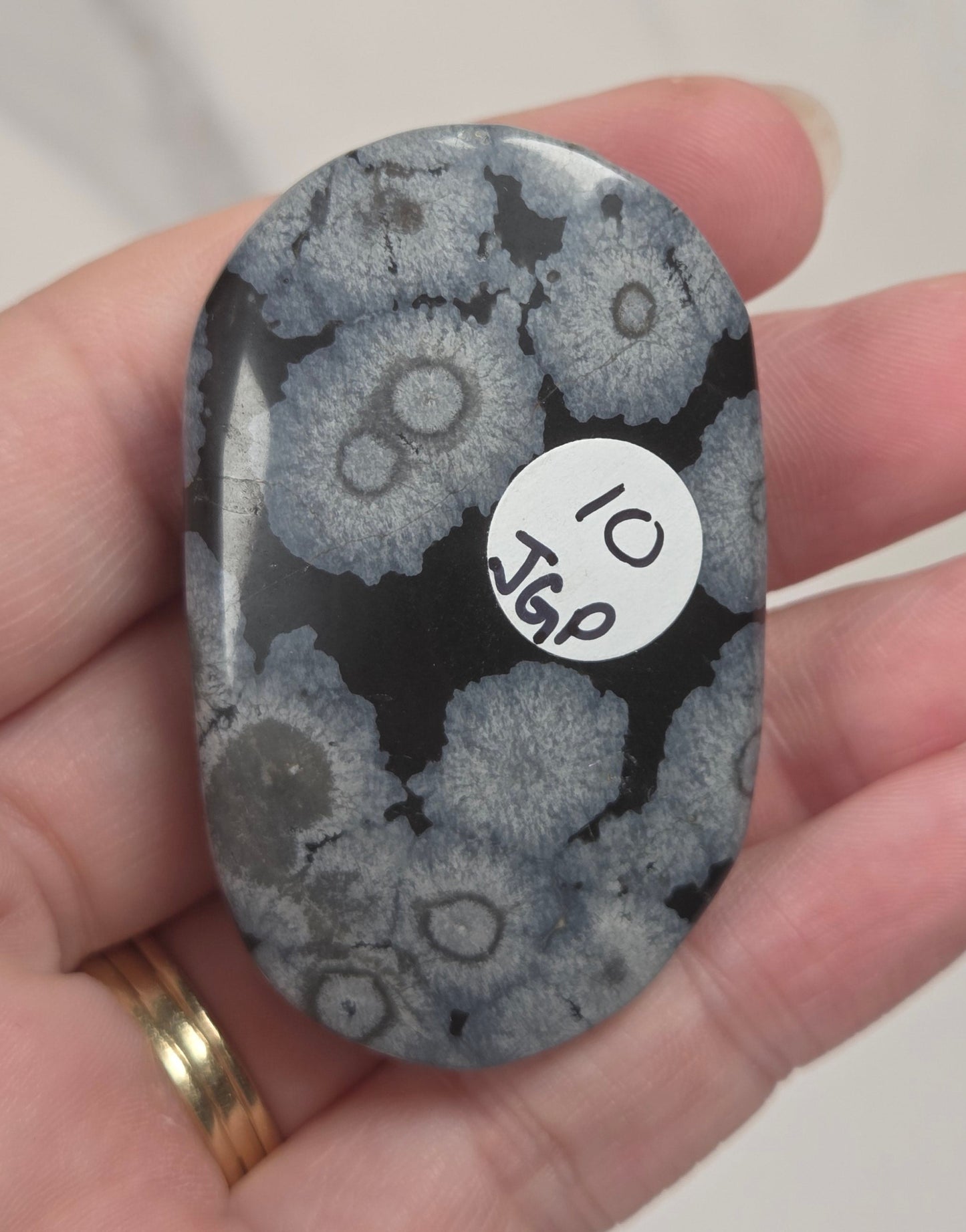 A hand holding a polished oval stone with a black and gray floral or bubble-like pattern, featuring a small white sticker that reads '10 JSP'.