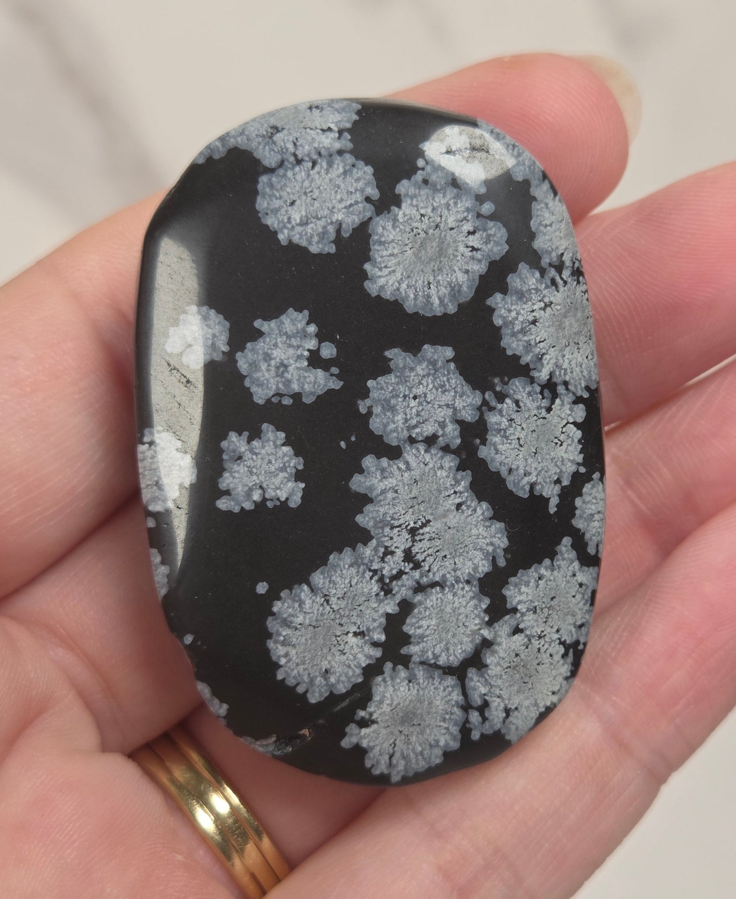 A polished black stone with a white coral-like floral pattern, held in a person's hand against a light marble background.