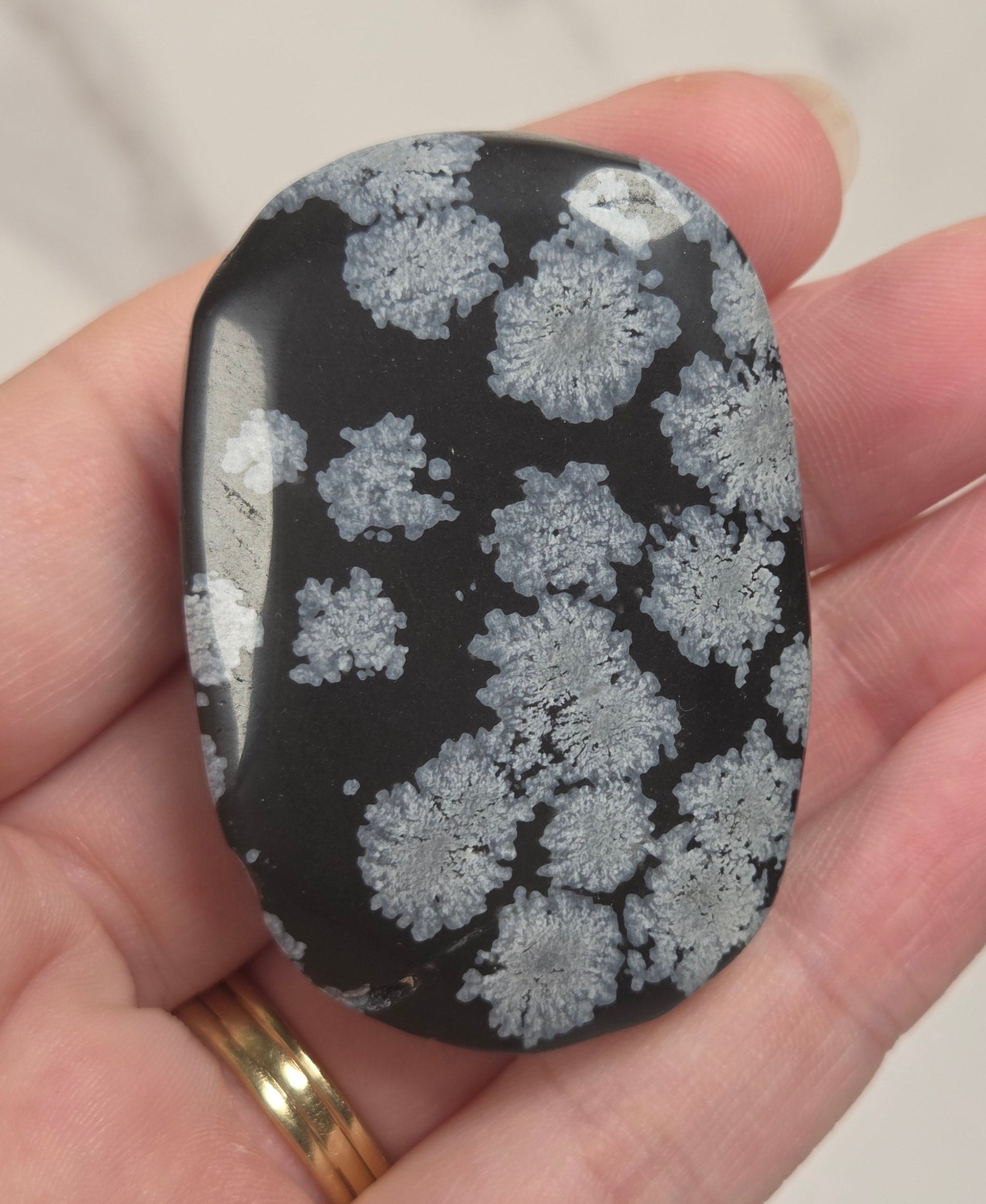 A polished black stone with a white coral-like floral pattern, held in a person's hand against a light marble background.