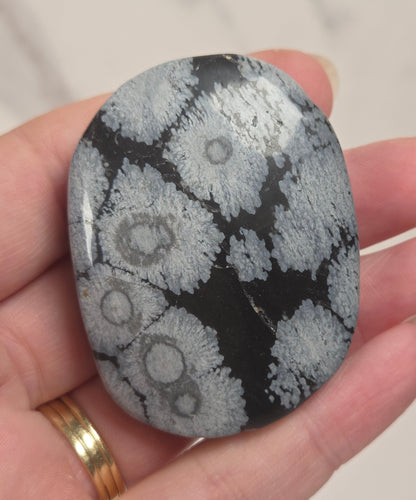A hand holding a polished black stone with a white and gray coral-like circular pattern, with a gold ring on the finger, against a light marble background.