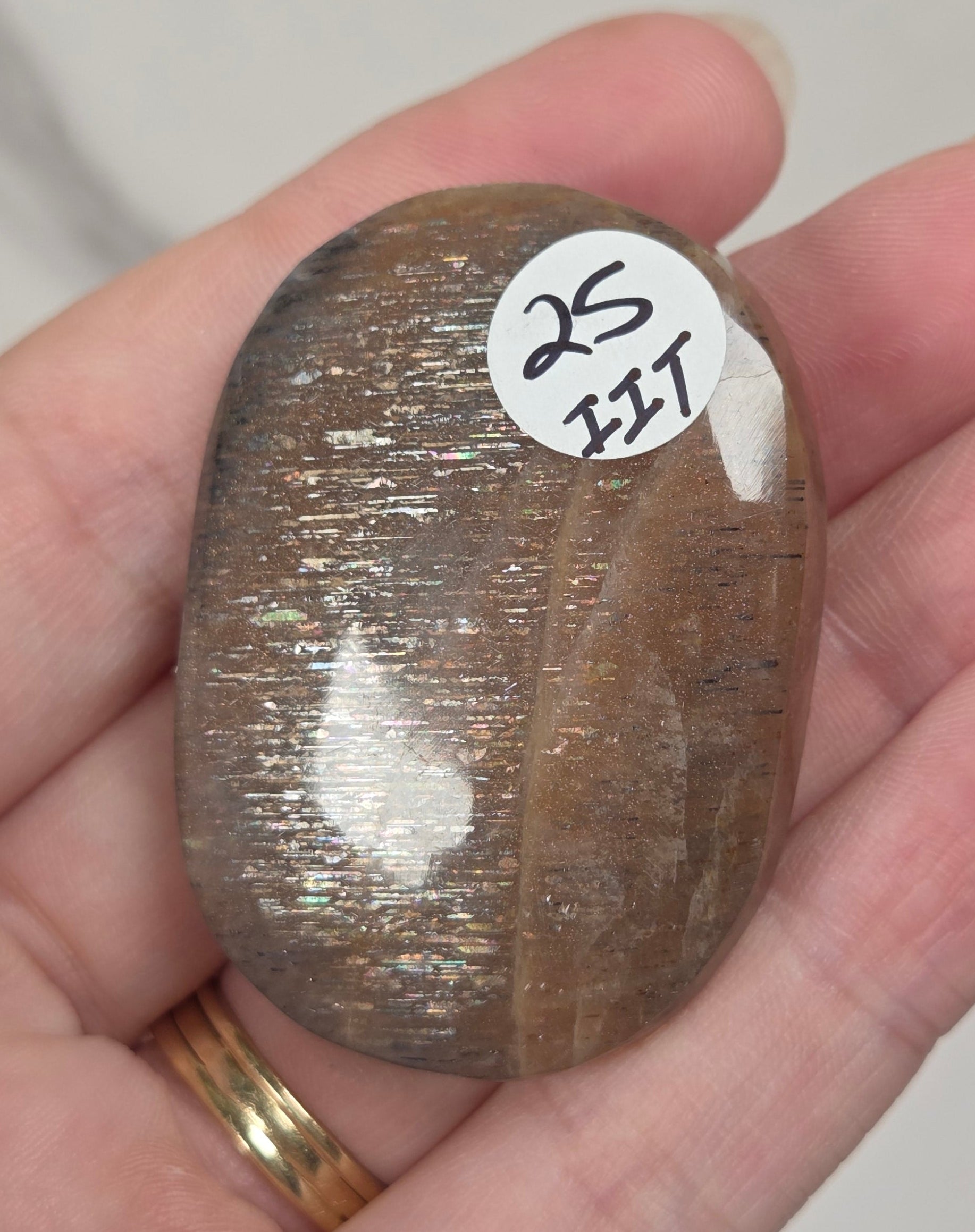 A hand holding a polished brown stone or tumbled gemstone with a small white sticker that reads '25 HST'.