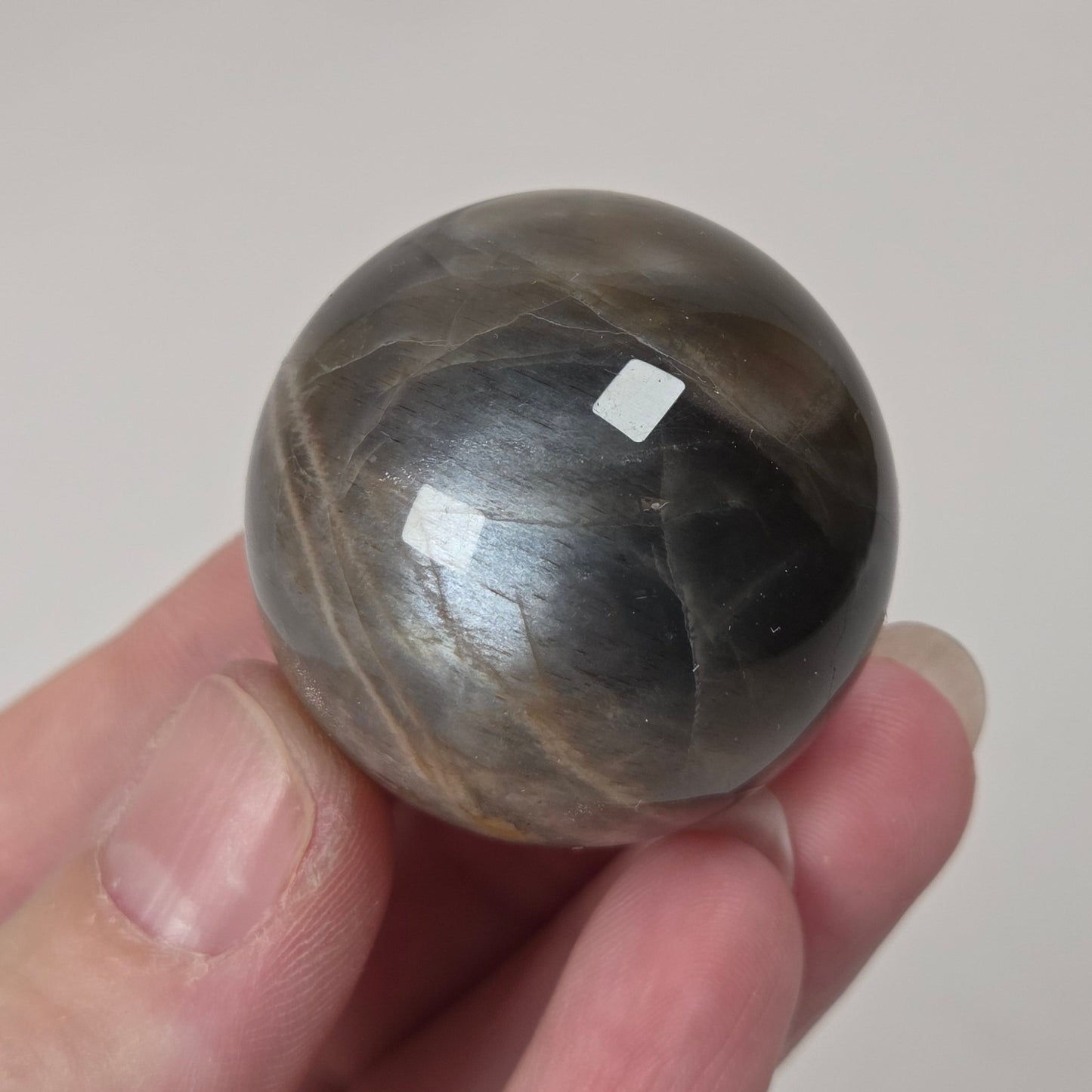 A hand holding a polished round stone sphere with a dark gray and black base and subtle brownish veining, set against a light gray background.