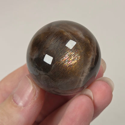 A hand holding a polished round brown stone or crystal with a metallic golden sheen, set against a light neutral background.