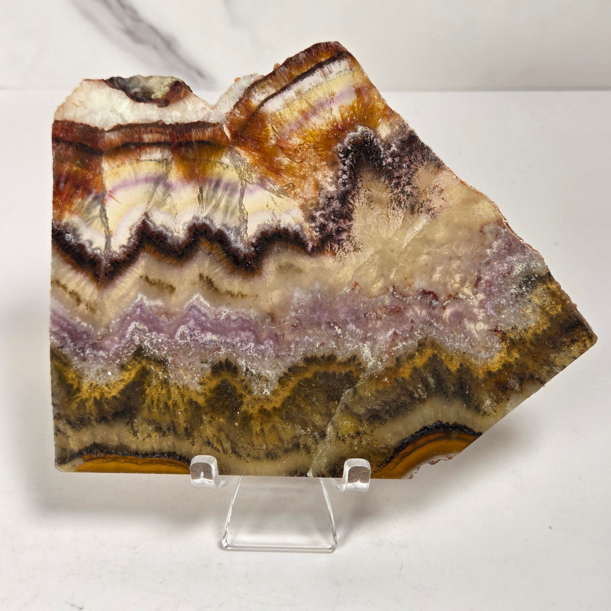A polished agate geode slab with wavy bands of brown, purple, yellow, and cream, displayed on a clear acrylic stand against a white marble background.
