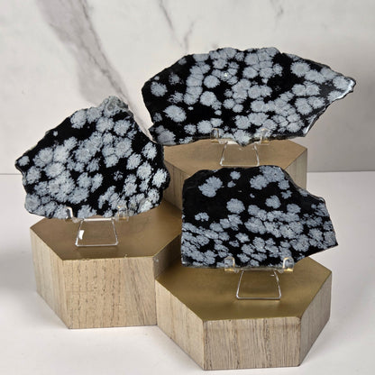 Three polished black mineral specimen slabs with white cloudy patterns, displayed on clear acrylic stands atop light wood hexagonal pedestals against a white marble-look background.