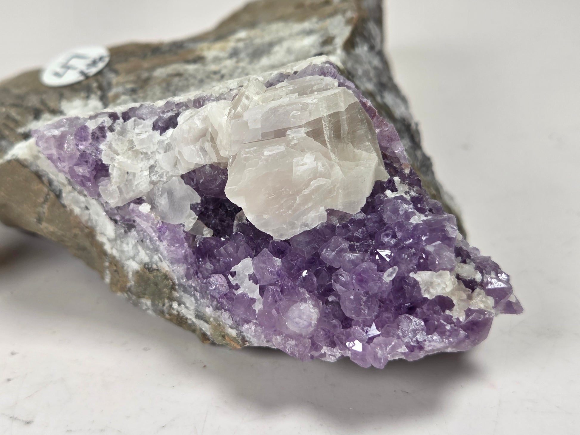 A raw amethyst crystal cluster with prominent purple and white quartz crystals set in a natural gray-brown matrix, photographed on a neutral light gray background.