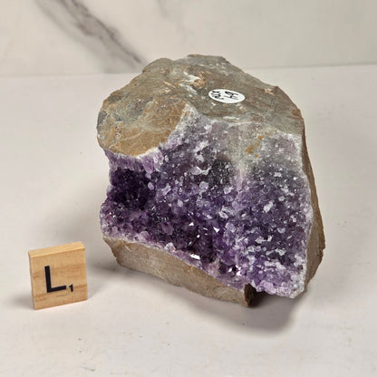 A raw amethyst geode specimen with a purple crystal cavity and rough tan-gray outer matrix, photographed on a light surface with a small wooden block showing the letter L for scale.