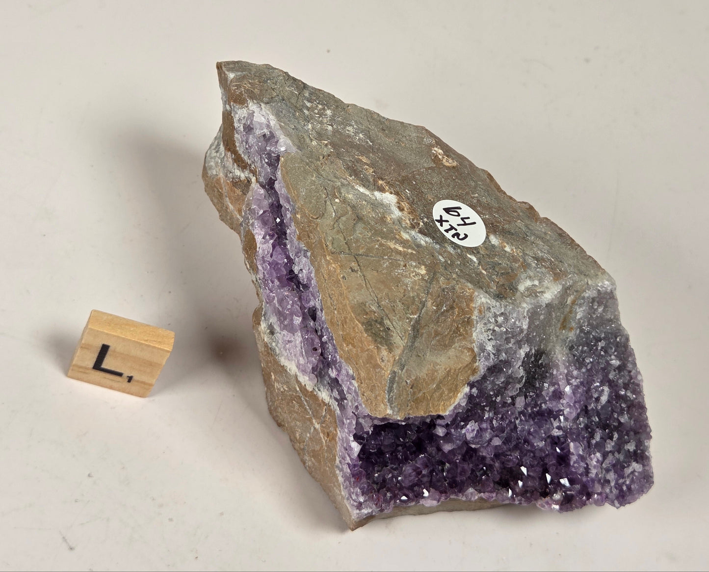 A raw amethyst geode specimen with a rough brown and gray matrix, showing a hollow cavity filled with purple crystals, photographed on a light neutral surface with a small wooden block for scale.