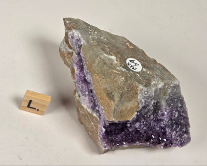 A raw amethyst geode specimen with a rough brown and gray matrix, showing a hollow cavity filled with purple crystals, photographed on a light neutral surface with a small wooden block for scale.