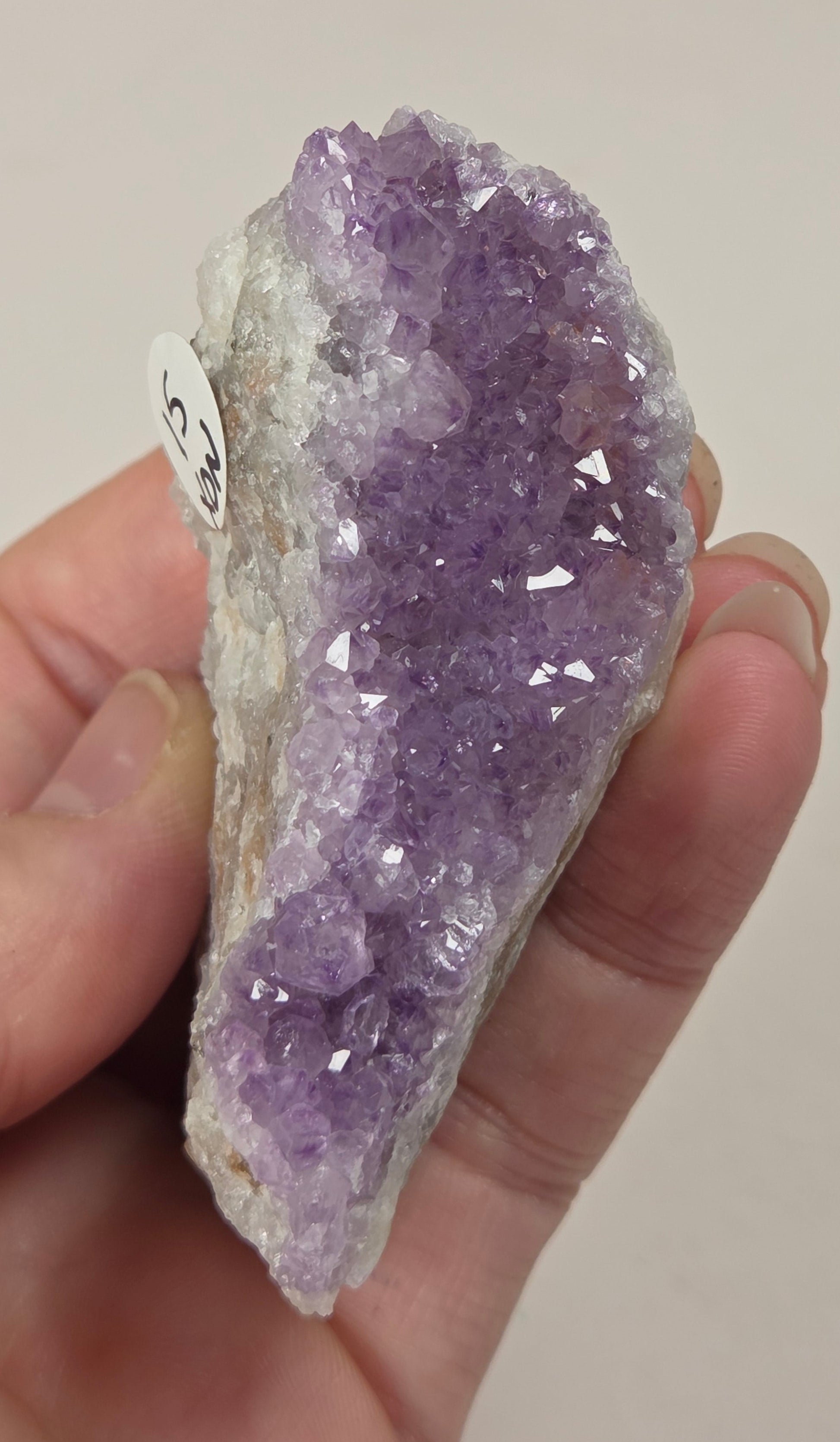 A hand holding a raw amethyst crystal cluster with a white matrix, showing the purple crystal points against a plain light background.