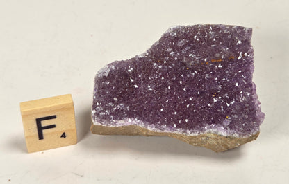 A raw amethyst crystal geode slice with a natural rough base, displayed next to a wooden Scrabble tile showing the letter 'F' on a light beige background.