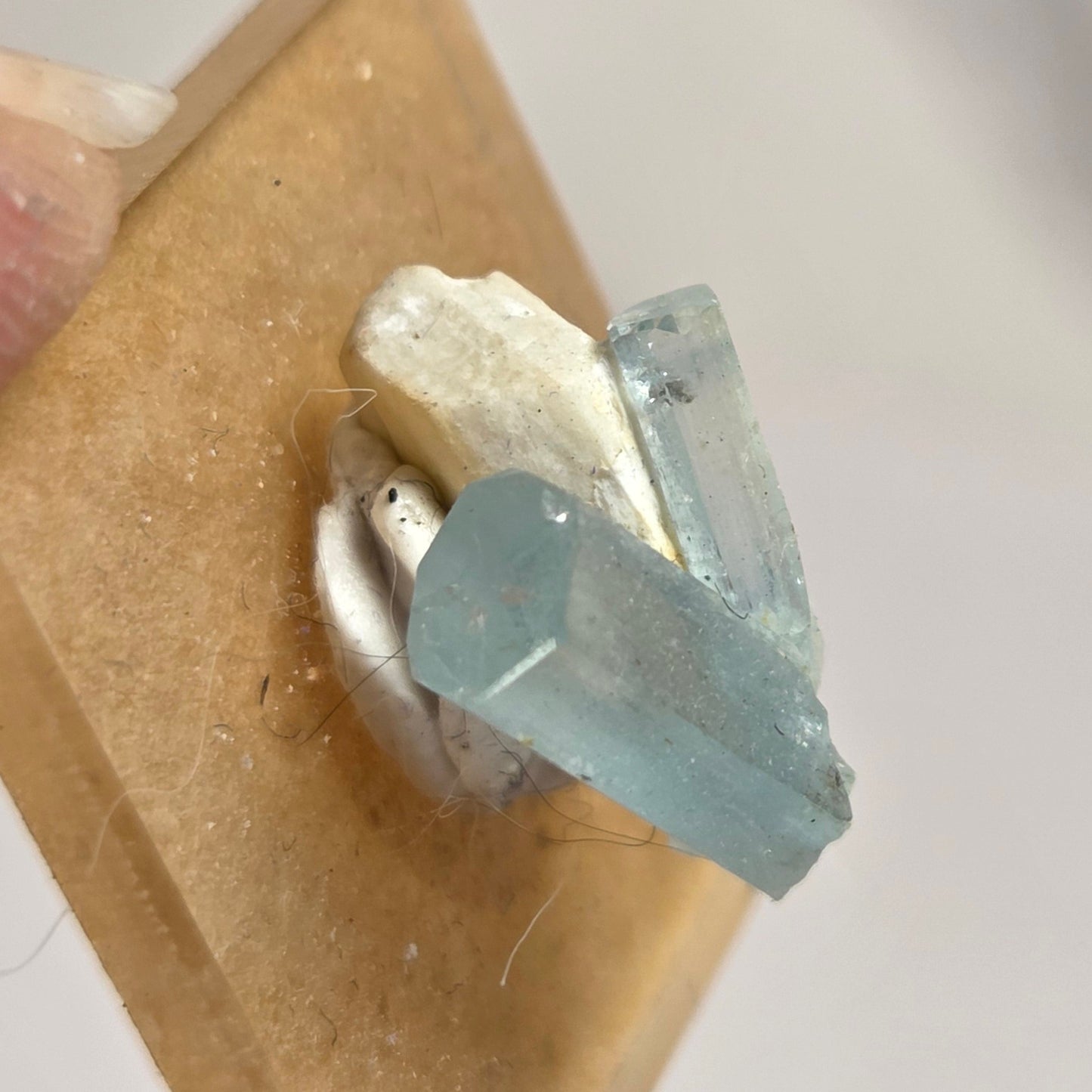 A close-up of a hand holding a small square tan sample card with a cluster of natural crystals, including a prominent light blue translucent crystal and a pale off-white crystal, against a soft light gray background.