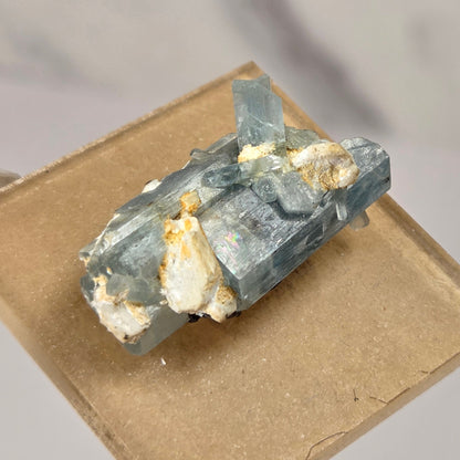 A small mineral specimen with pale blue translucent crystals and white matrix, mounted on a square tan card and held between fingers against a light gray background.