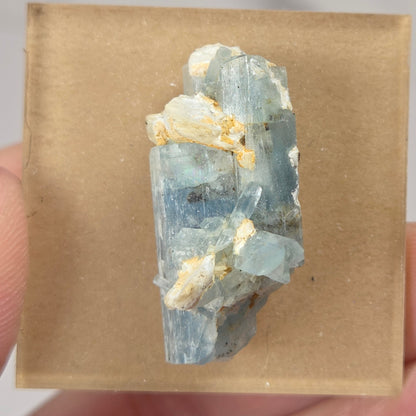 A small natural mineral specimen with pale blue and off-white crystalline texture mounted on a square tan card, held in a person's hand against a light neutral background.