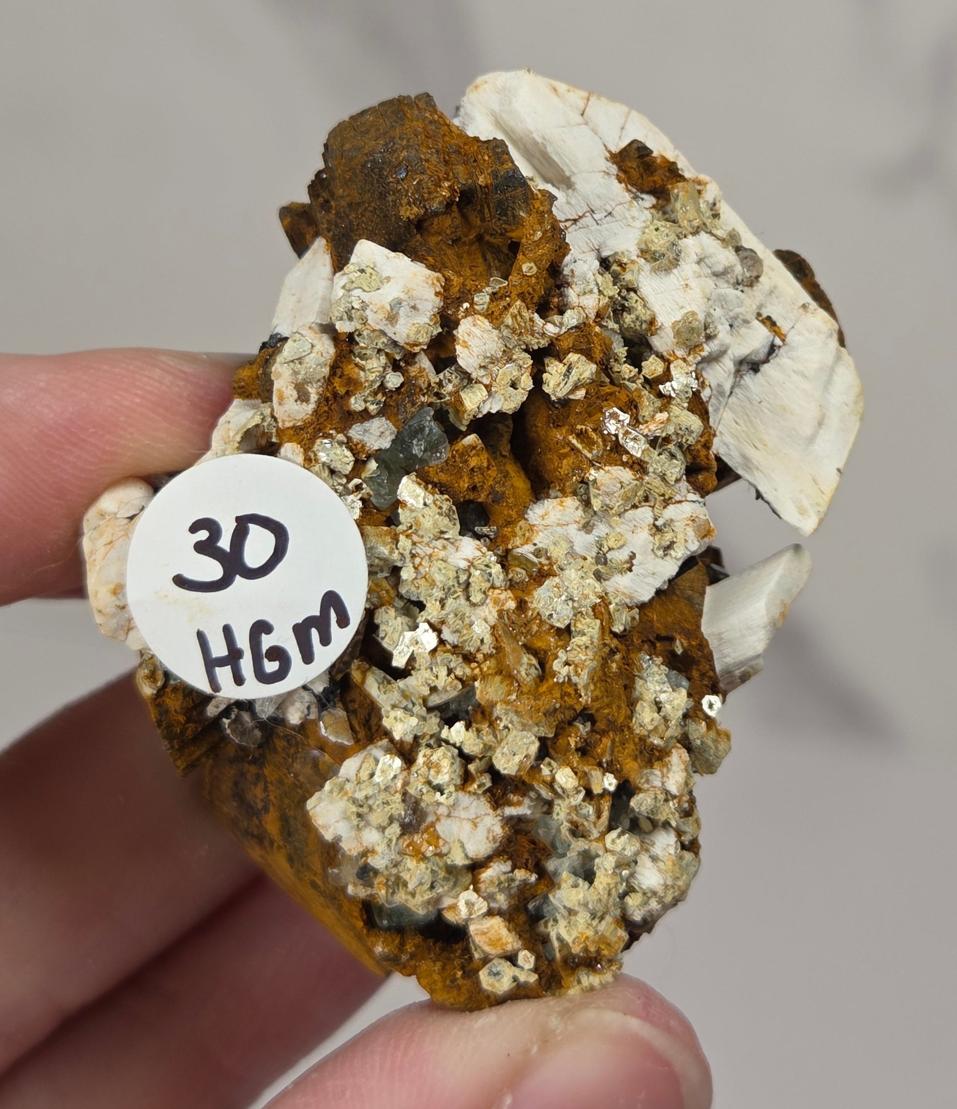 A hand holding a mineral specimen with a white circular tag reading '3D H6m'. The specimen features a textured mix of metallic gold-brown, off-white, and gray crystalline material against a soft gray background.