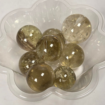 Several round, translucent smoky amber or honey-colored glass marbles resting in a small clear plastic flower-shaped dish on a plain white surface.