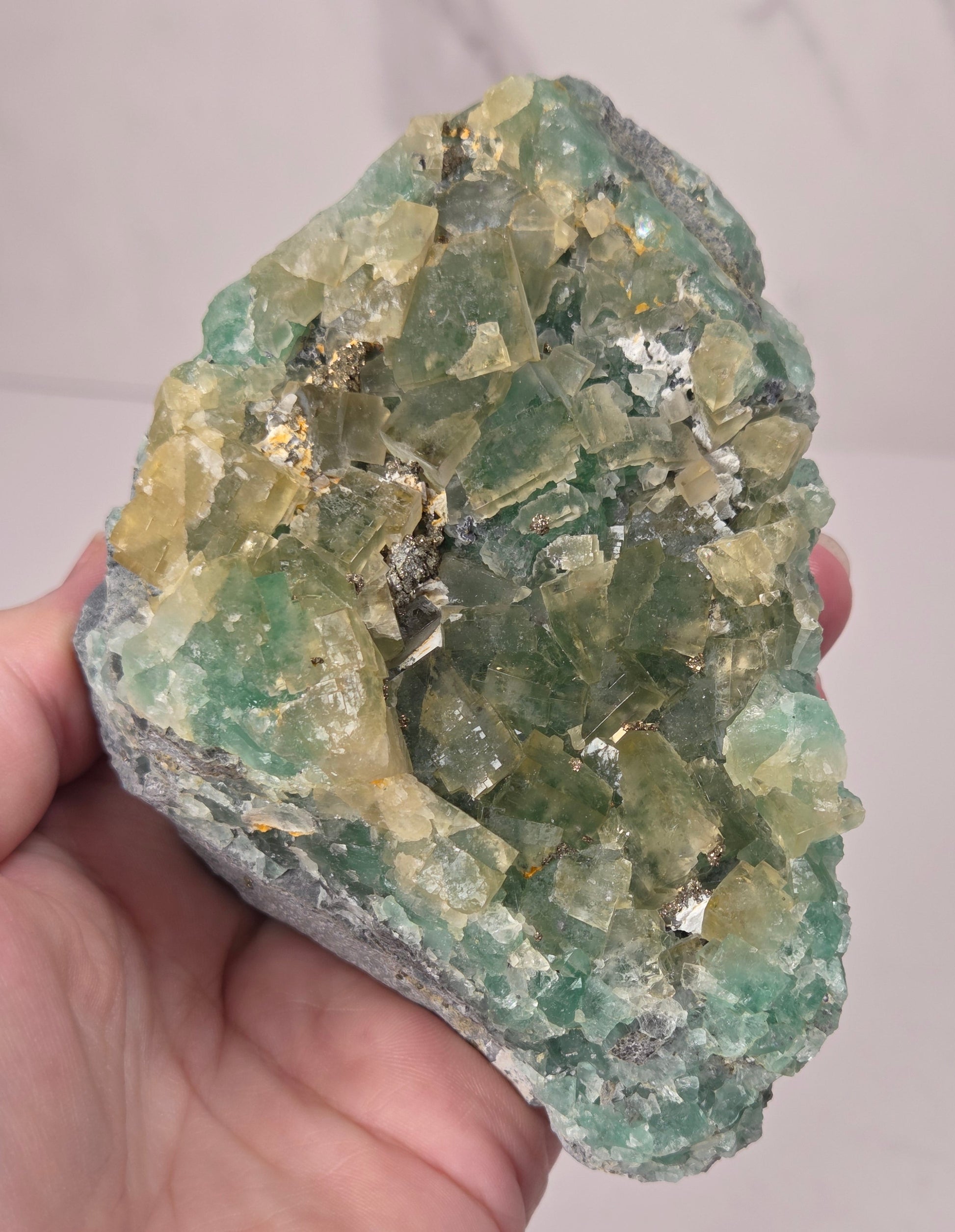 A hand holding a raw mineral specimen featuring green and yellow-green fluorite crystals with small gold pyrite inclusions, set against a light gray background.
