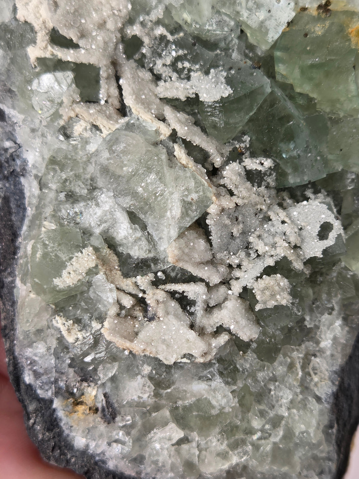 A close-up of a mineral specimen showing pale green translucent crystals over a white crystalline matrix, mounted on a dark rock base with a finger holding it at the lower left edge.
