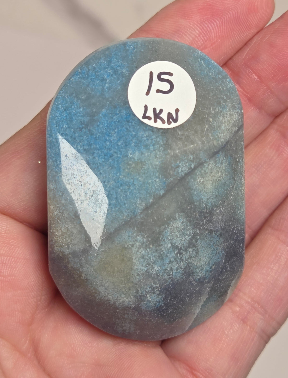 A hand holding a polished oval stone with a mottled blue, gray, and beige marbled pattern. A small white circular sticker on the stone reads '15 LKN'.