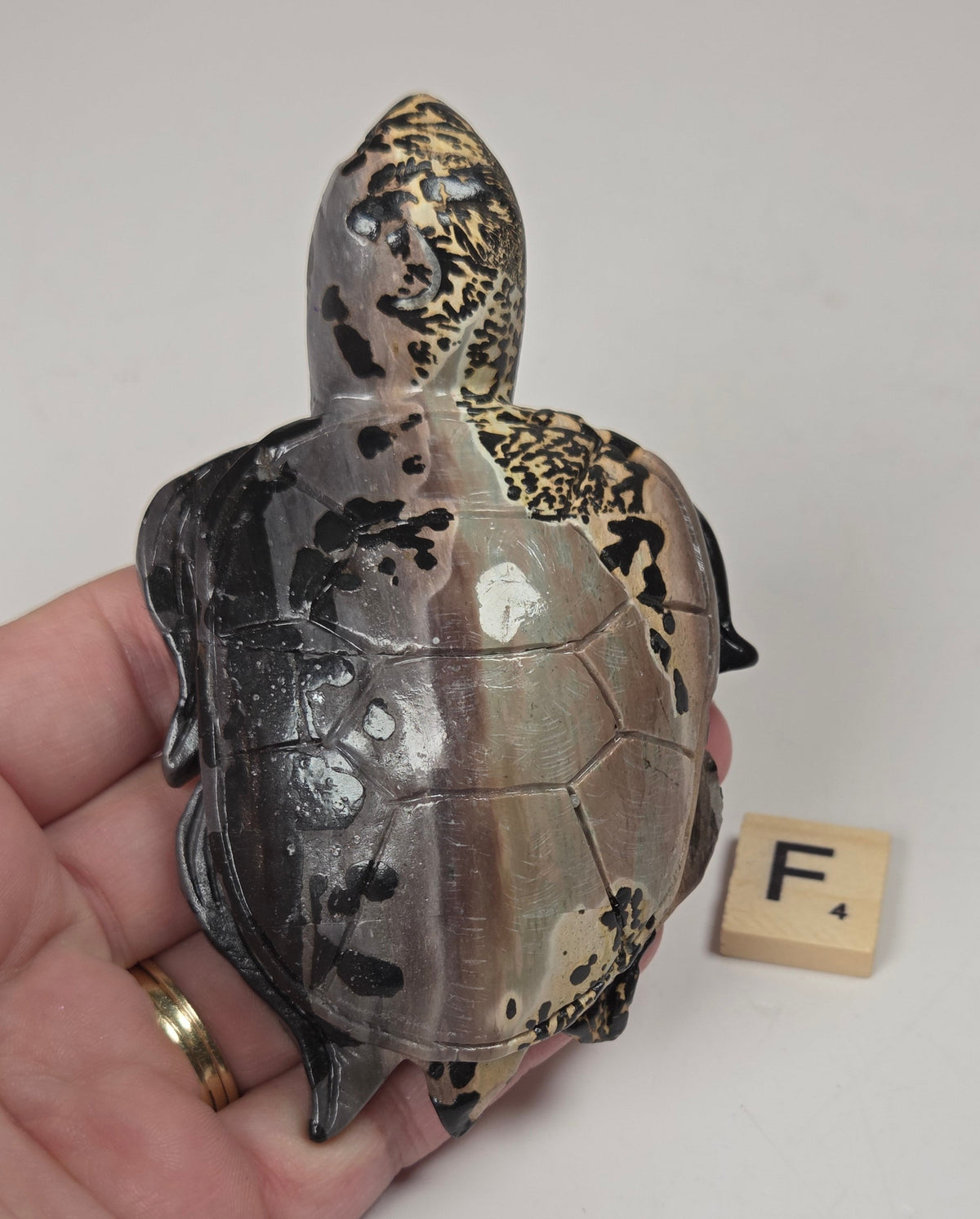 A hand holds a small decorative turtle figurine with a mottled gray, black, and metallic gold shell. A small wooden letter block with the letter 'F' sits beside it on a plain light background.