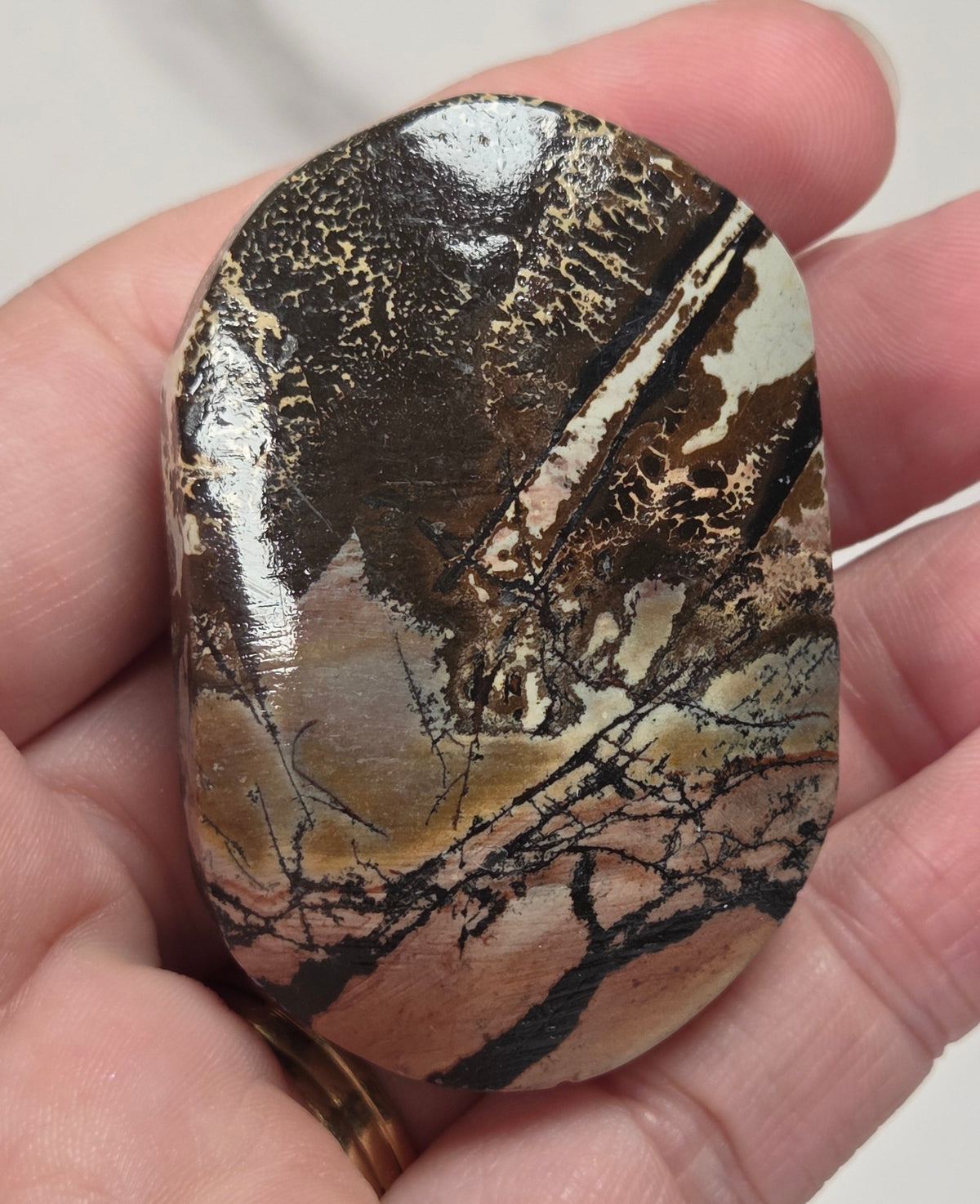 hand holding a picture jasper palm carved stones with various colors of yellow, brown and reddish brown on a white background