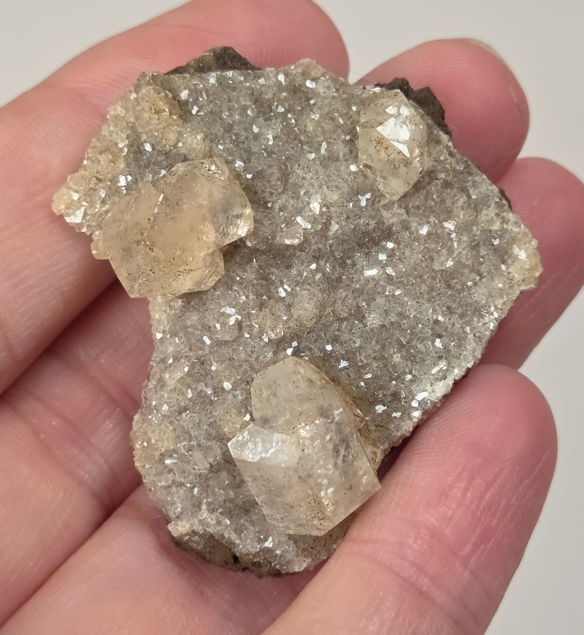 A hand holding a rough mineral specimen with several translucent pale crystal clusters on a light gray background.