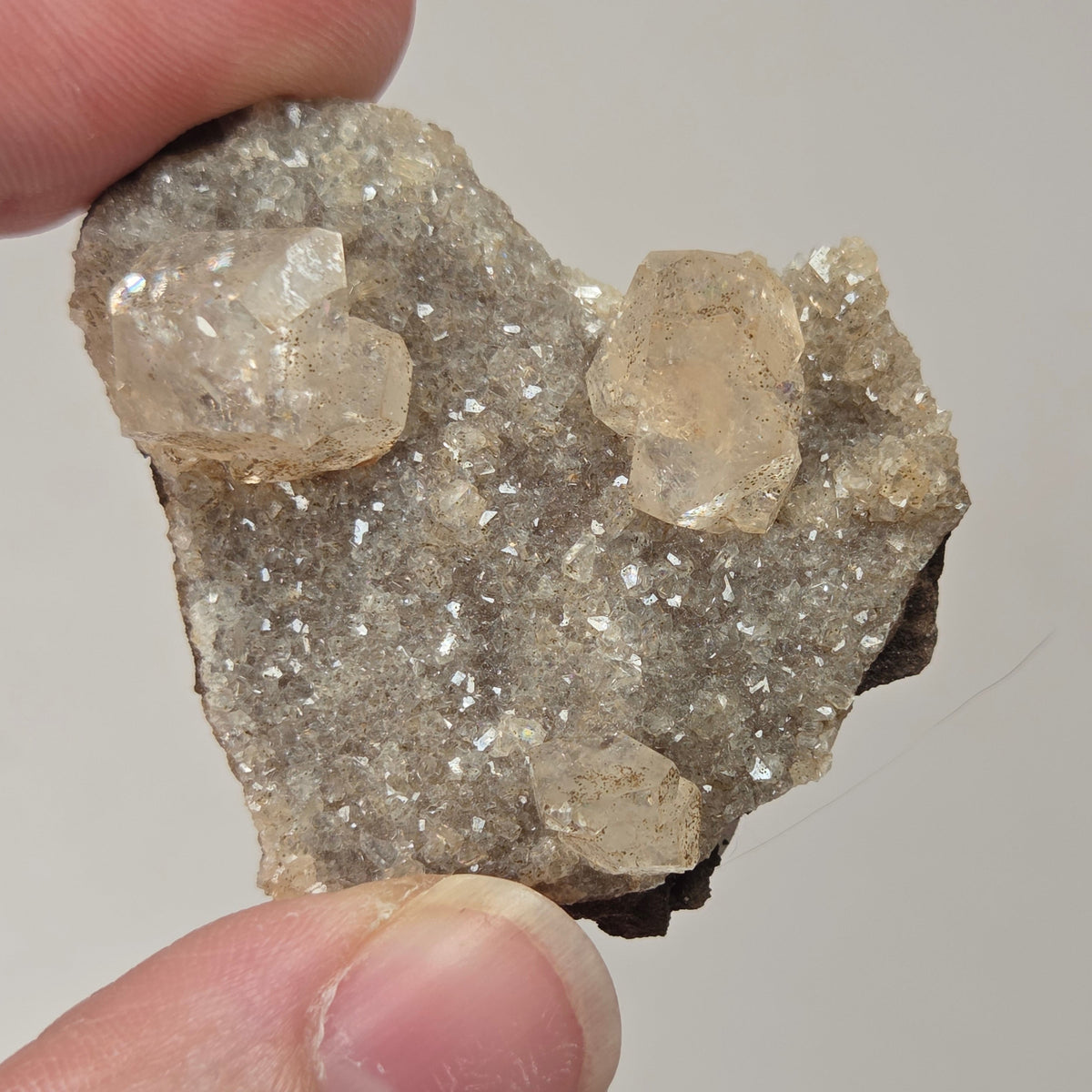 A hand holding a rough mineral specimen with several translucent pale crystal clusters on a light gray background.