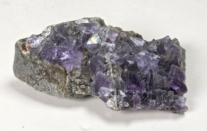 A raw fluorite crystal cluster with purple crystalline formations attached to a gray matrix, photographed on a plain white background.
