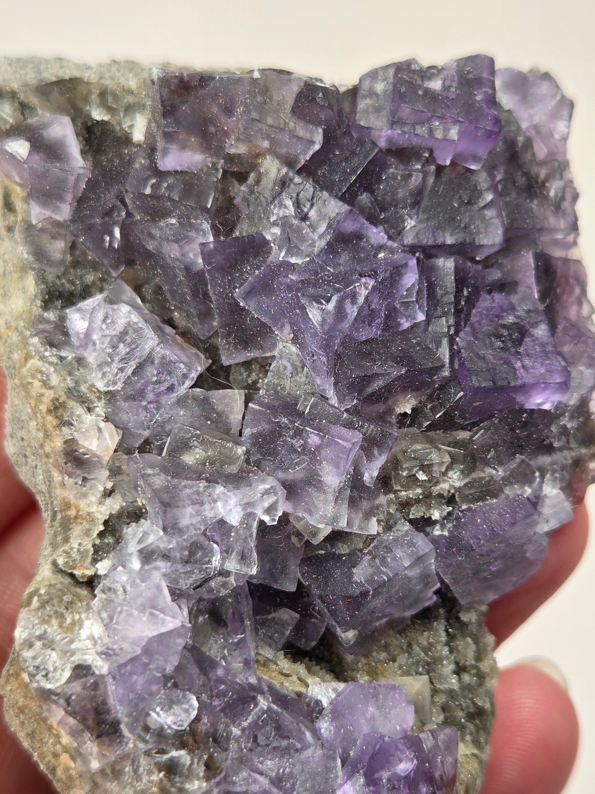 A raw fluorite crystal cluster with purple crystalline formations attached to a gray matrix, photographed on a plain white background.