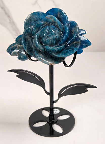 Blue Apatite Crystal rose carving set on a black metal stand with leaves against a white background