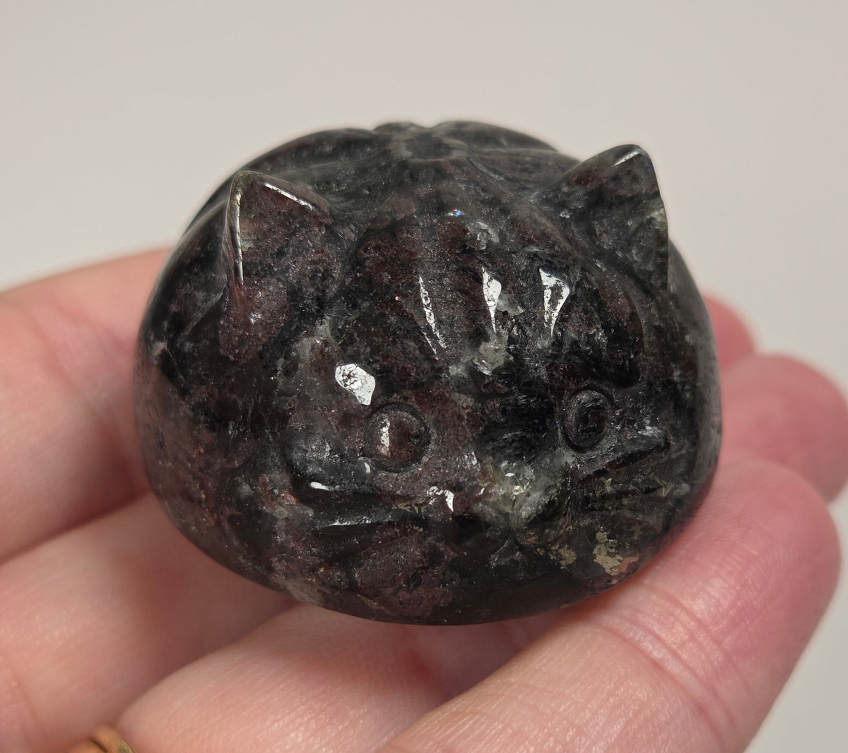 A hand holding a small polished dark cat-shaped stone or crystal with pointed ears and carved facial features, against a plain light background.