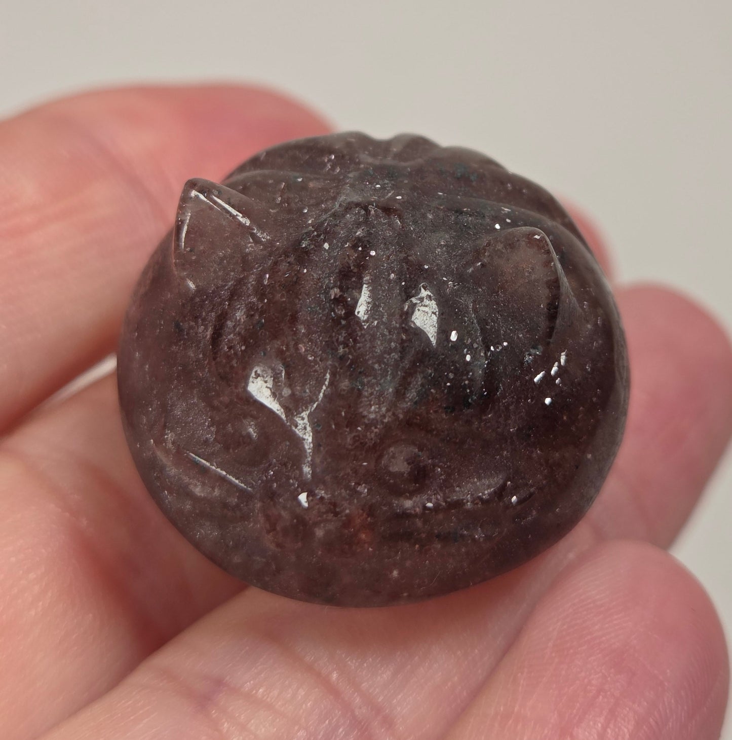 A small carved dark brown polished stone bead or ornament held in a person's hand against a light neutral background.