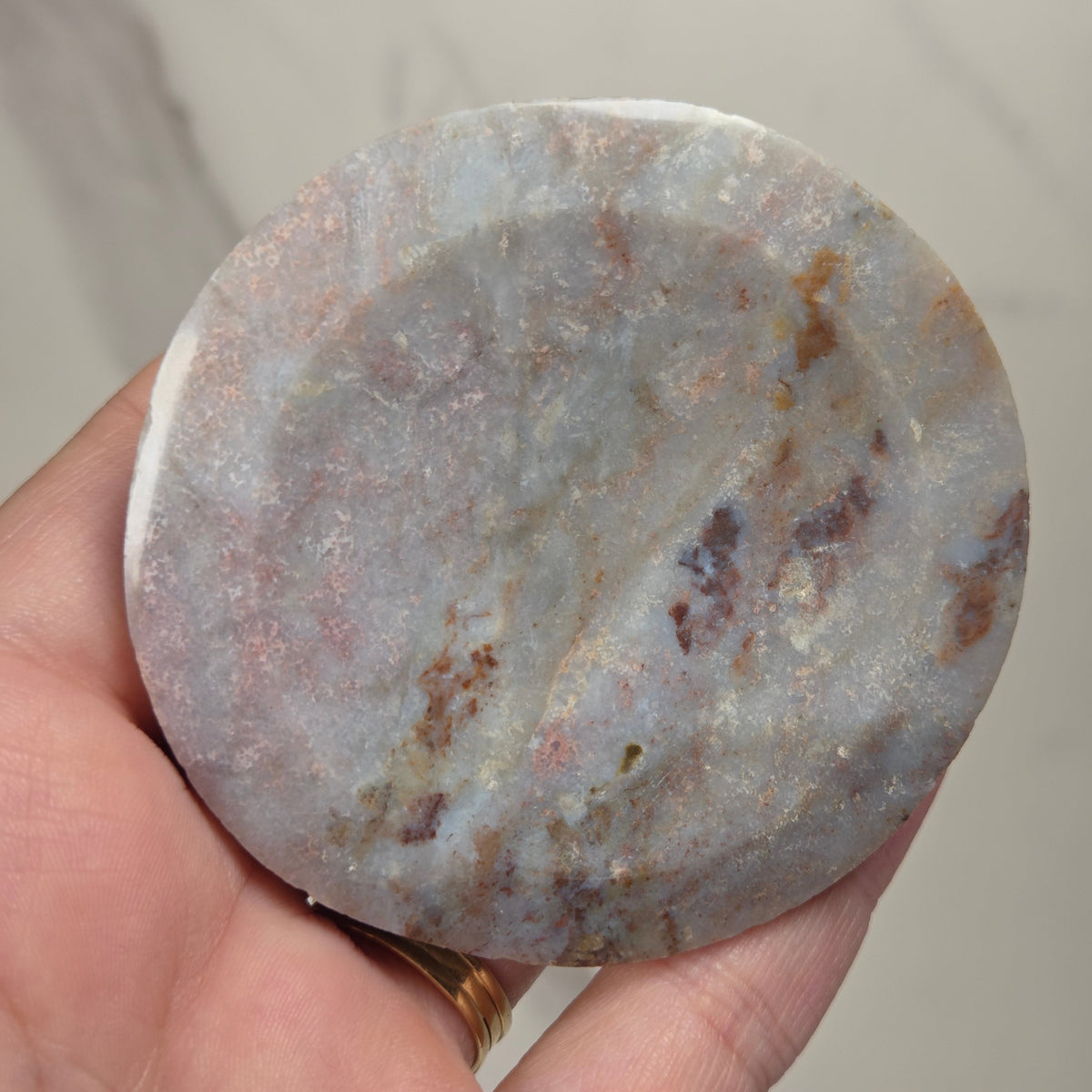 A hand holding a round, flat stone or polished rock sample with a mottled gray, beige, and brown marbled pattern.