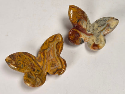 Two polished stone butterfly-shaped objects with marbled brown, gold, cream, and gray patterns, displayed on a light off-white background.
