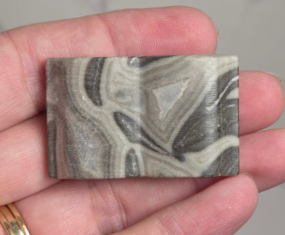A rectangular stone slab with a marbled agate-like pattern in shades of gray, black, and off-white, held in a person's hand.