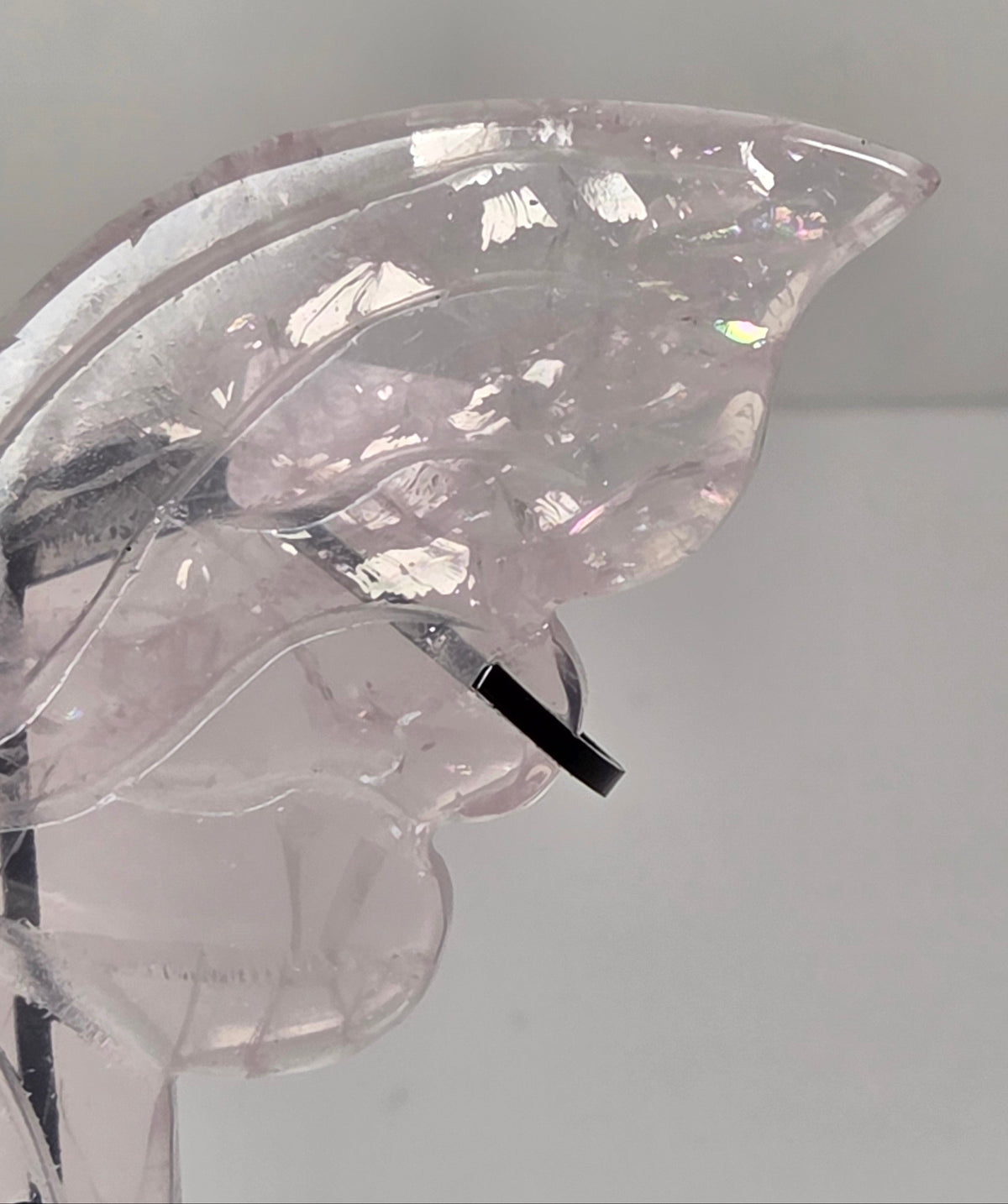 A close-up of a translucent pale pink crystal or glass object with a curved, organic shape and a small black rectangular accent, photographed against a plain light background.