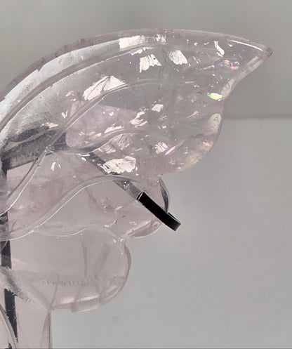 A close-up of a translucent pale pink crystal or glass object with a curved, organic shape and a small black rectangular accent, photographed against a plain light background.