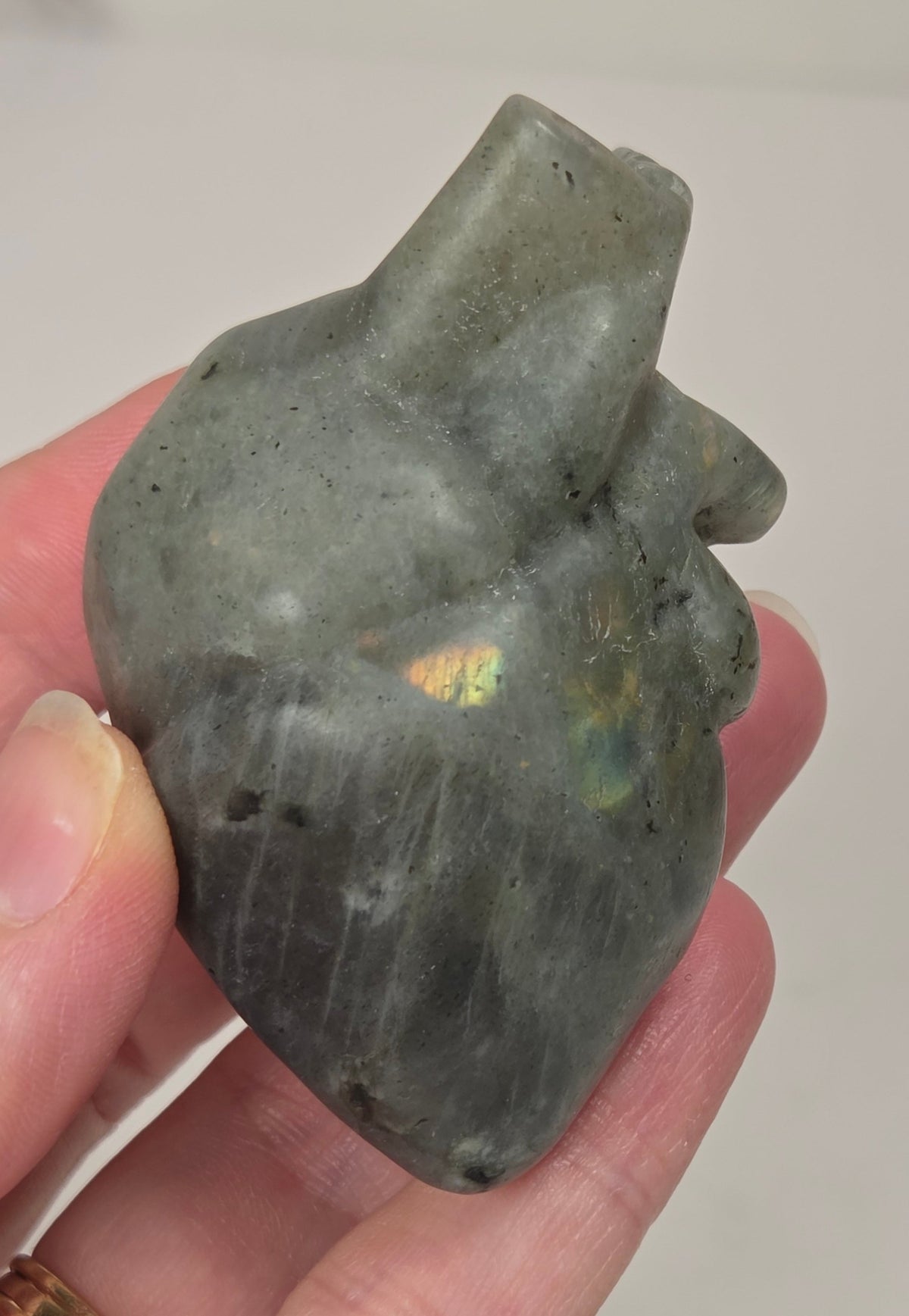 Hand holding a grey labradorite carving of an anatomical heart against a white background