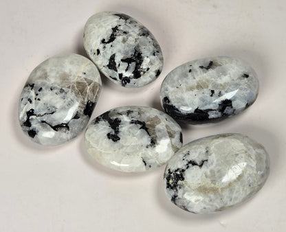 white crystal palm carvings with black and brown inclusions on a white background